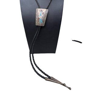 Vintage Navajo Sterling Silver Kokopelli Turquoise Coral Inlay Bolo Tie Dancers